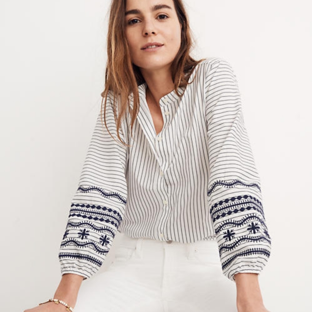 Madewell striped embroidered blouse size small